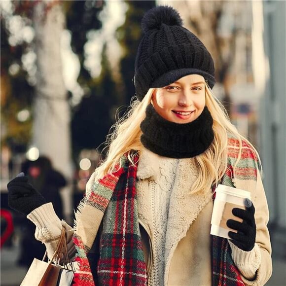 5 Pieces Women Winter Warm Set Knit Beanie Hat Scarf Touchscreen Gloves - Picture 4 of 7